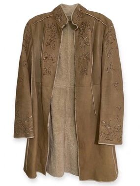 ELIE TAHARI LEATHER COAT WITH CUTOUTS & EMBROIDERY